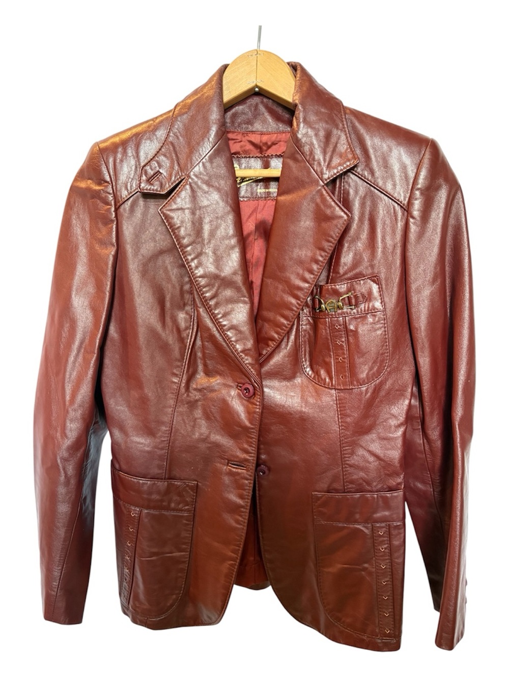 Etienne Aigner Classic Women's Leather Blazer -Burgundy, Lined Size 12